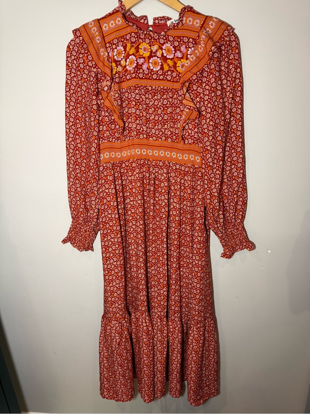 In Bloom floral Boho, Prairie midi dress size M rust orange, long sleeve ruffle